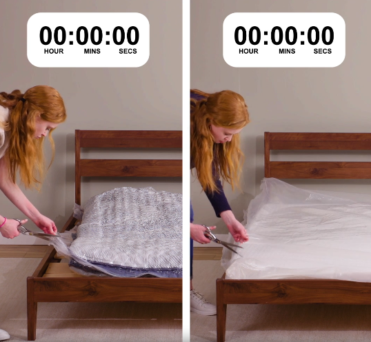 Unwrapping of the Serta 5 Star mattress on the right and the competitor mattress on the left showing how quickly a mattress inflates.
